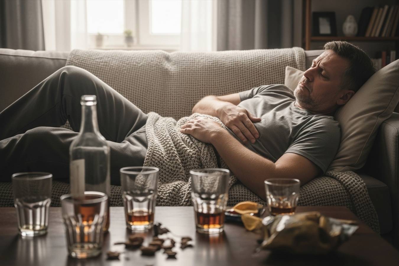 Мужчина после алкоголя держится за живот